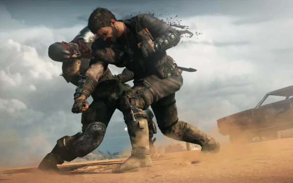 A thrilling scene from the video game Mad Max, showcasing an intense fight between two characters in a desolate landscape, set against a backdrop of a dramatic sky. 4K Ultra HD quality.