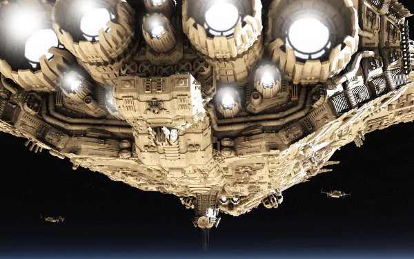 A detailed sci-fi spaceship viewed from below against a dark space background, rendered in stunning 4K Ultra HD for PC desktop wallpaper and background.