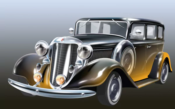 4K Ultra HD PC desktop wallpaper/background showing a glossy vintage old-timer vehicle — black-and-gold classic car with chrome grille, round headlights and sweeping fenders.