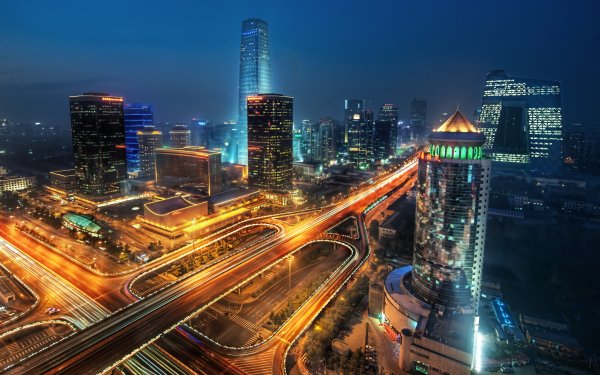 Man Made Beijing Cities China Night City Time-Lapse Building Skyscraper Highway HD Wallpaper | Background Image