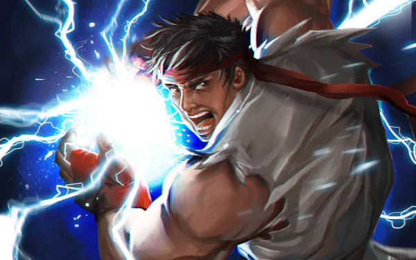 HD desktop wallpaper featuring Ryu from Street Fighter, showcasing the character mid-battle with electrifying energy. This vivid image captures the essence of the iconic video game series.