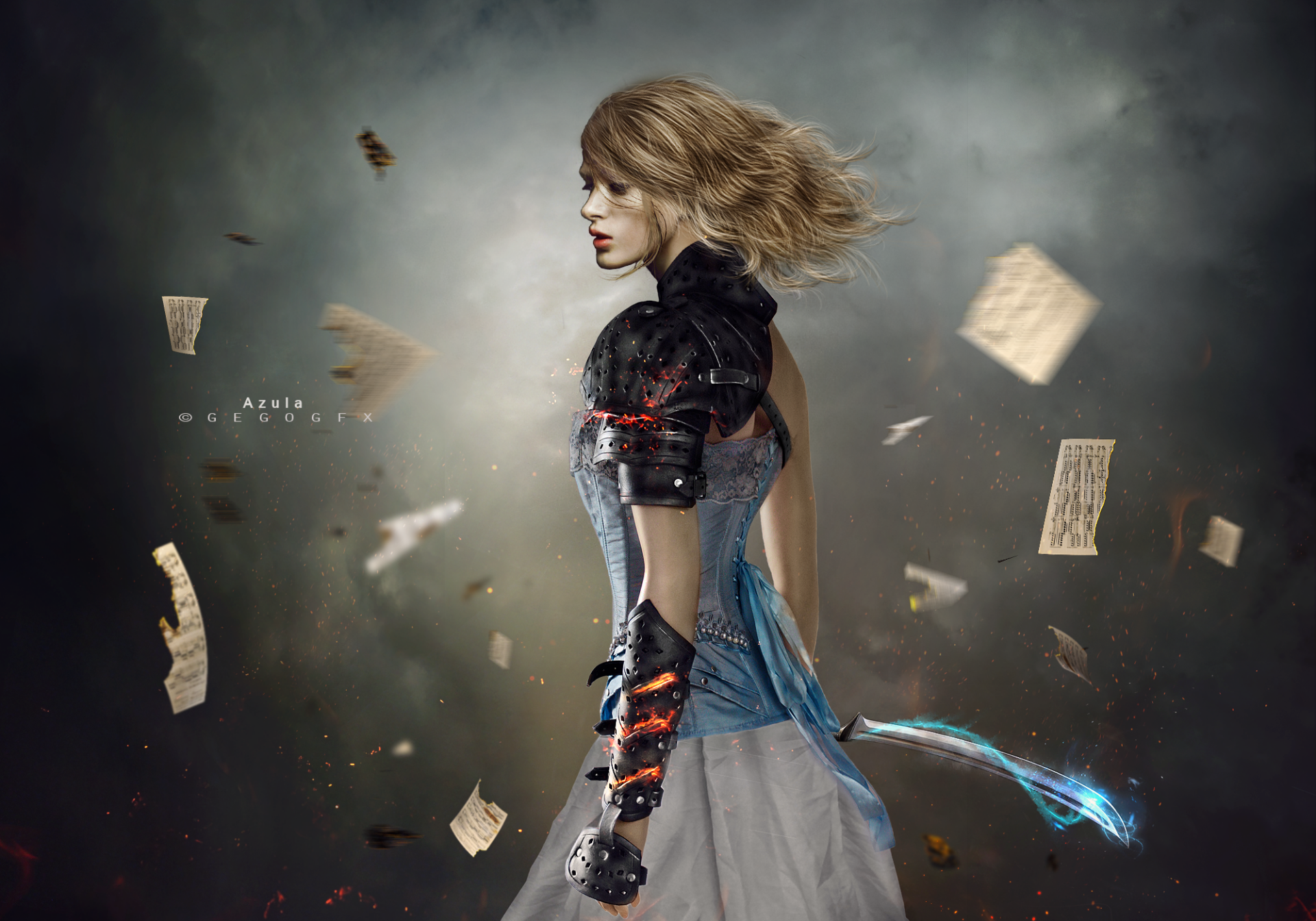 A dynamic HD PC desktop wallpaper featuring a woman in futuristic armor wielding a glowing blade, set amid floating parchment and a moody, manipulated photographic background.