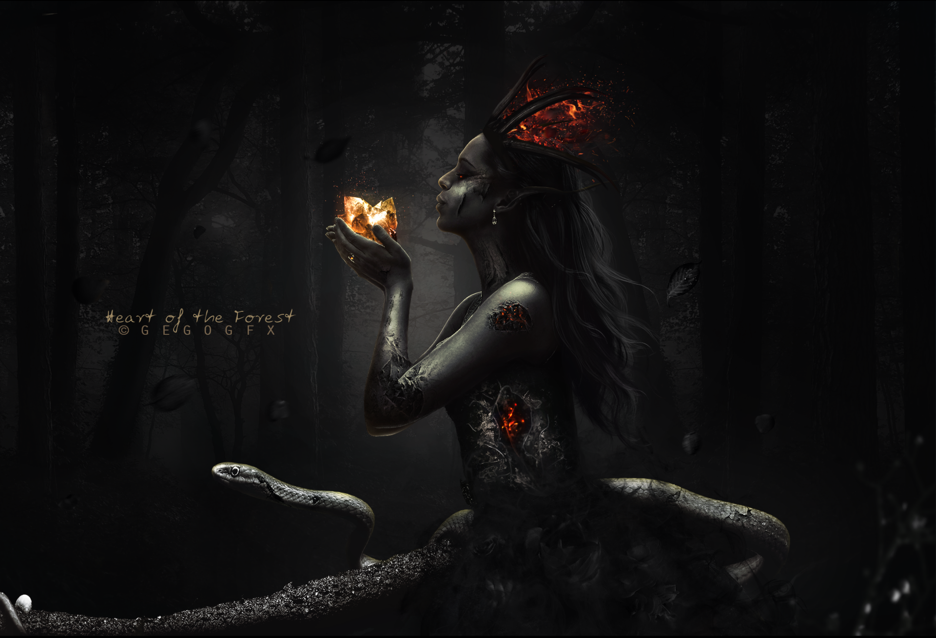 Dark, surreal photography manipulation featuring a mystical woman with glowing elements and serpents, designed as an HD PC desktop wallpaper and background.