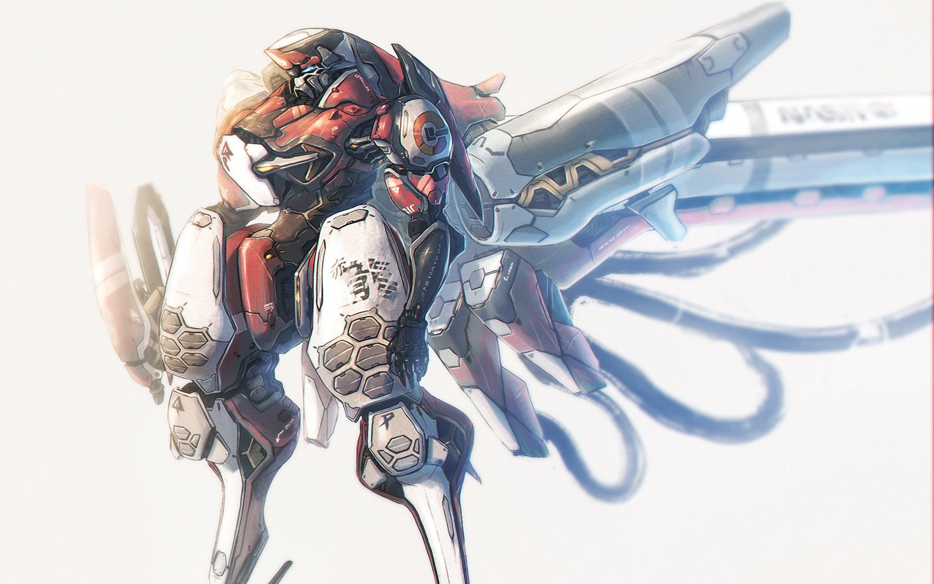 HD desktop wallpaper featuring a detailed anime-style mech in a dynamic pose with intricate armor design and sleek weaponry.