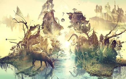 HD fantasy digital artwork depicting a mystical landscape with towering rock formations, ethereal light, and a solitary deer by a reflective water body, designed as a PC desktop wallpaper.