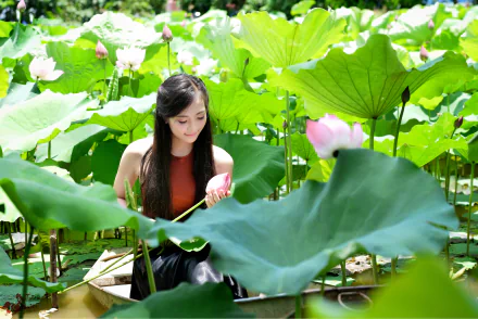 A Vietnamese woman smiles under the sunshine, sitting in a boat amidst lush green lotus leaves and blooming flowers in a serene pond. HD desktop wallpaper and background.