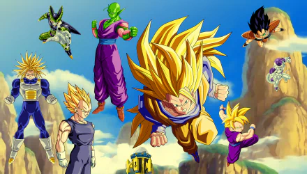 HD desktop wallpaper featuring Goku as Super Saiyan 3, Gohan, Vegeta, Trunks, Frieza, Cell, Piccolo, and Raditz from Dragon Ball Z, set against a rocky mountainous background.