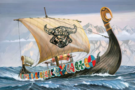 HD fantasy painting of a Viking drakkar sailing the sea, featuring a large sail with a horned warrior emblem and colorful shields lining the ship's side.