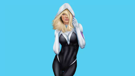 A vibrant HD desktop wallpaper featuring Spider-Gwen, depicted in her iconic costume with a hood, set against a bright blue background. Perfect for comic fans and desktop customization.