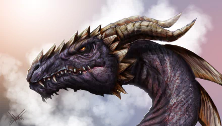 4K Ultra HD fantasy dragon with dark scales and large curved horns emerges from mist, depicted in a detailed and dramatic PC desktop wallpaper.