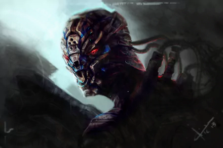 A dark and striking cyborg figure with glowing red eyes emerges from a shadowy background, showcasing a blend of futuristic technology and ominous presence in this sci-fi wallpaper.