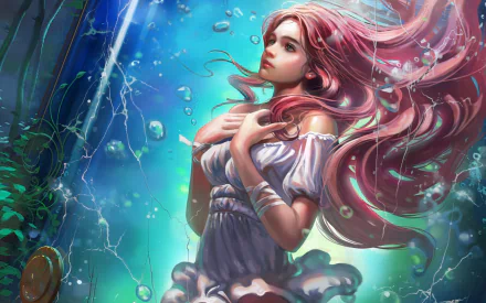 HD desktop wallpaper from the video game Legend of the Cryptids, featuring a red-haired woman submerged underwater with flowing hair and ethereal bubbles.