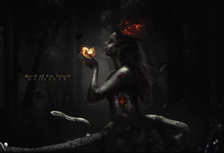 Dark, surreal photography manipulation featuring a mystical woman with glowing elements and serpents, designed as an HD PC desktop wallpaper and background.