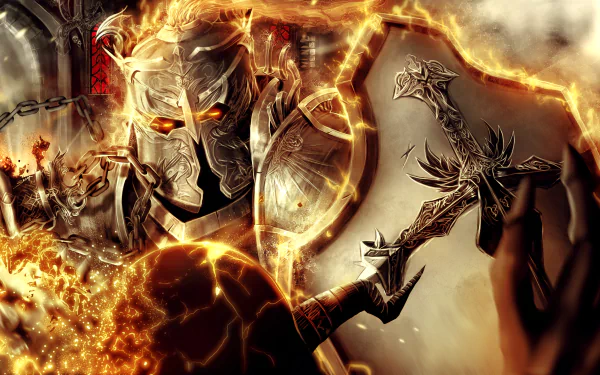 HD desktop wallpaper featuring the Crusader from Diablo III: Reaper of Souls, showcasing intense fiery armor and a glowing weapon from the video game Diablo III.
