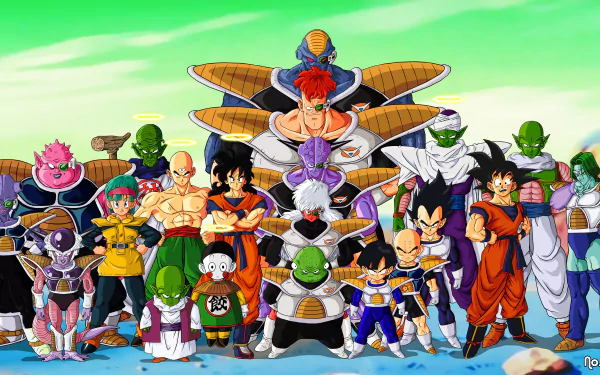 HD desktop wallpaper of anime characters from Dragon Ball Z, featuring a large group of iconic characters standing together against a vibrant green and blue background.