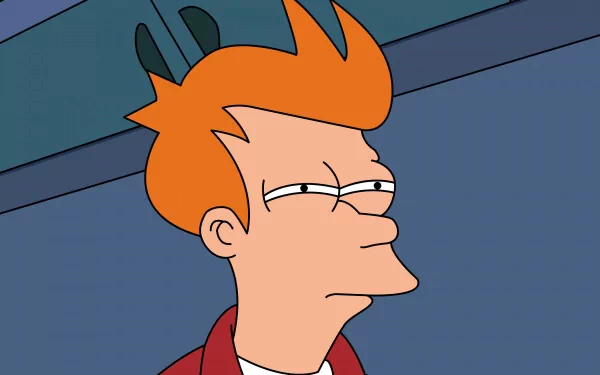HD PC desktop wallpaper featuring Fry from the TV show Futurama with a skeptical expression.