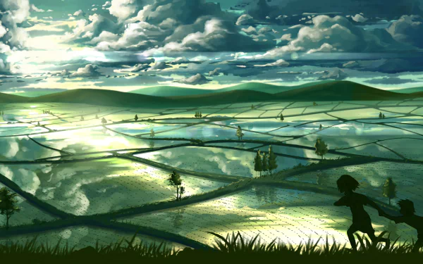 Artistic HD PC desktop wallpaper and background of sunlit rice terraces under dramatic clouds, mirrored water reflections and a silhouetted child running in the foreground.