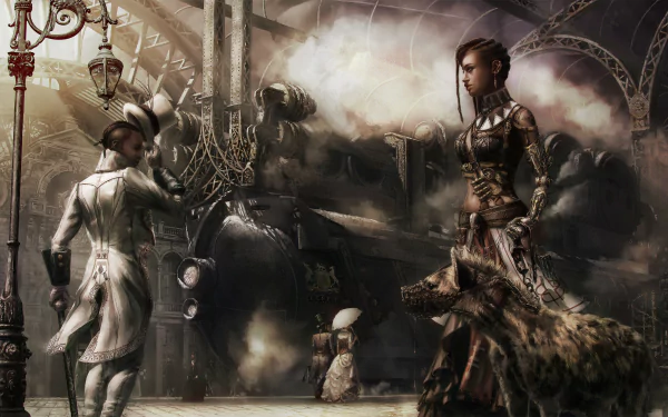 A stunning 4K Ultra HD sci-fi steampunk scene featuring distinctively dressed characters amidst a foggy industrial backdrop, evoking a blend of elegance and adventure.