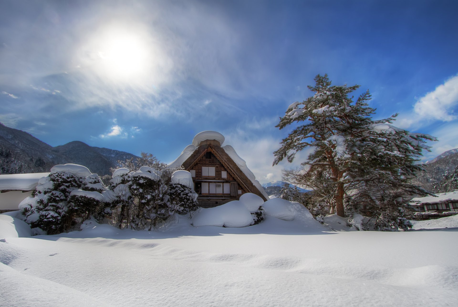 Snow-covered traditional Shirakawa house and trees under a bright sun in winter, Gifu Prefecture, Japan, captured in 4K Ultra HD.