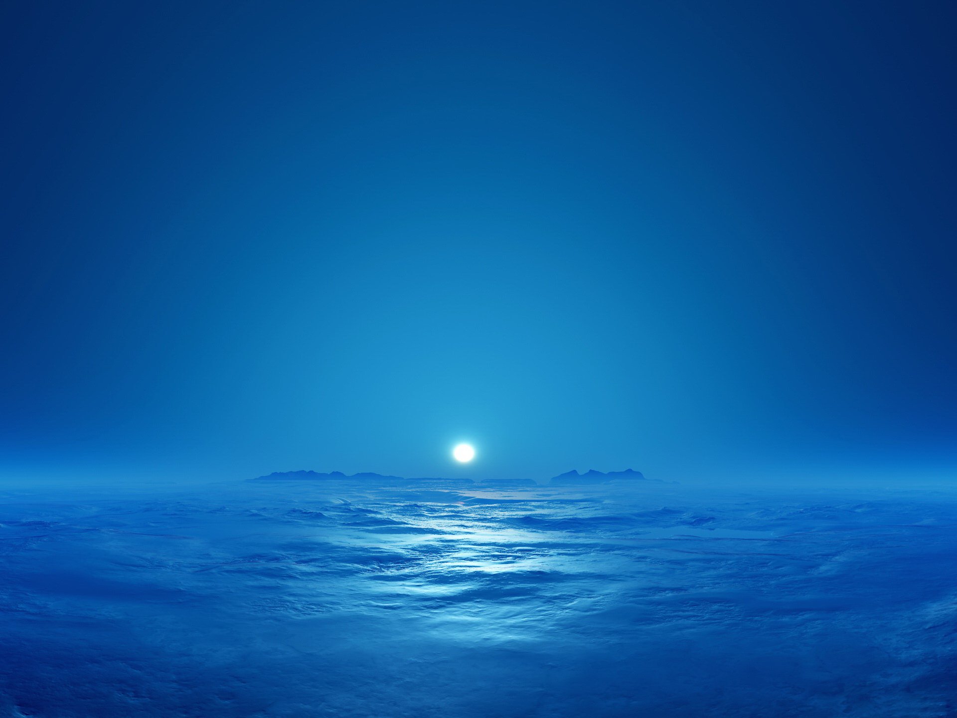 Artistic digital art HD PC desktop wallpaper and background: tranquil blue seascape with a glowing sun at the horizon, soft mist and distant islands.