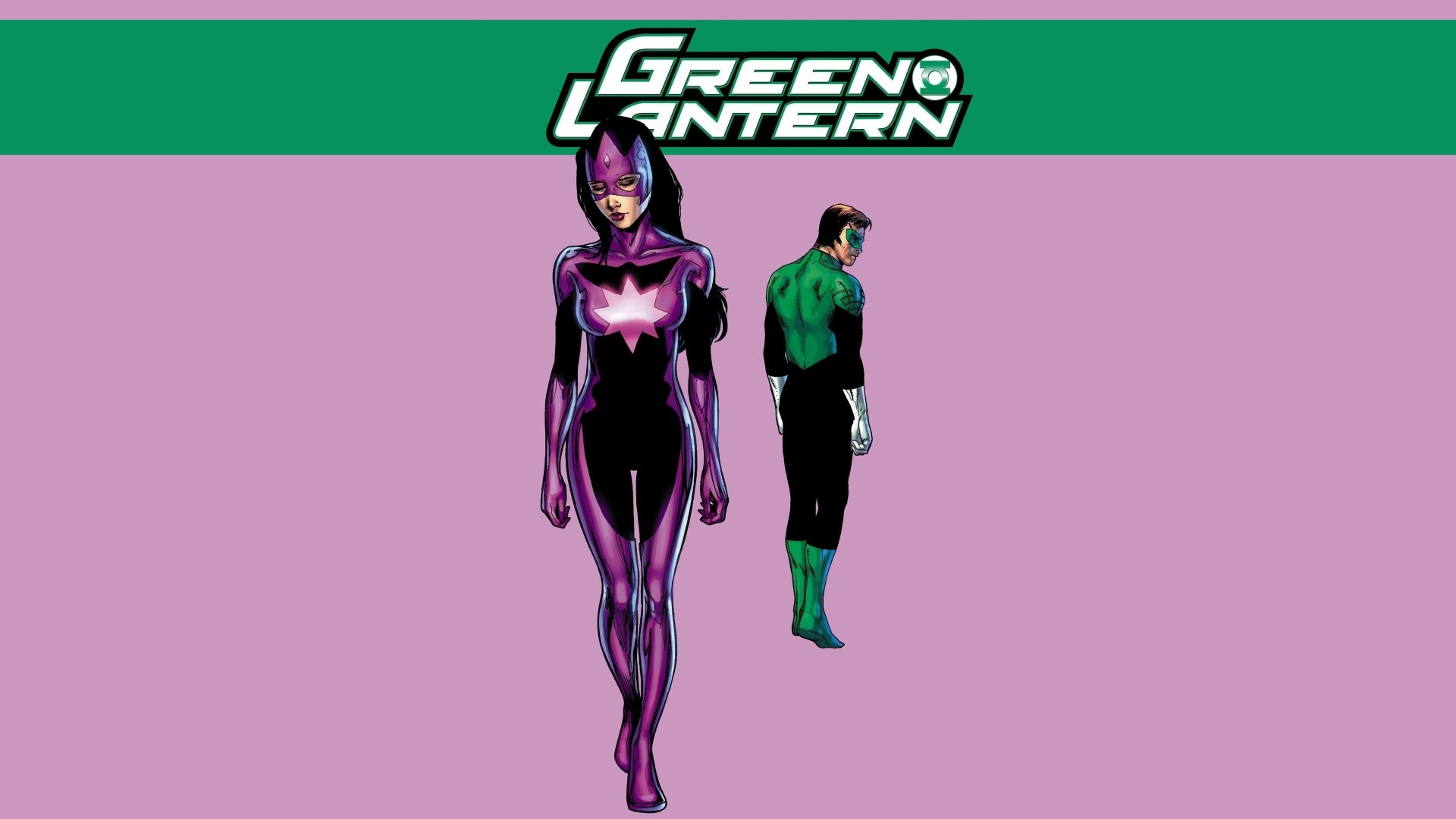 Comic Green Lantern 5K Ultra HD PC desktop wallpaper: Green Lantern logo on a green band at top, purple-suited lantern striding forward and a male Green Lantern standing back on a pink field.