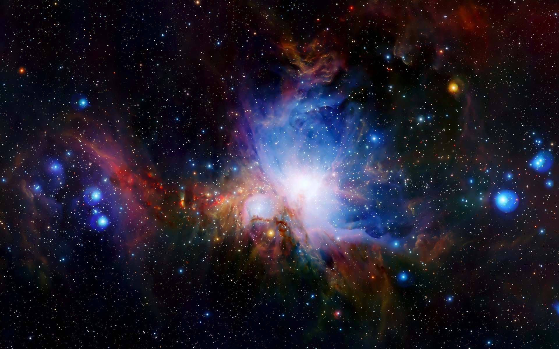 An HD desktop wallpaper showcasing the Orion Nebula, filled with vibrant colors and star formations, evoking a Sci-Fi atmosphere in the depths of space.