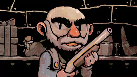 HD PC desktop wallpaper: Spelunky video game art — grizzled bald spelunker holding a shotgun in a dark stone cave.