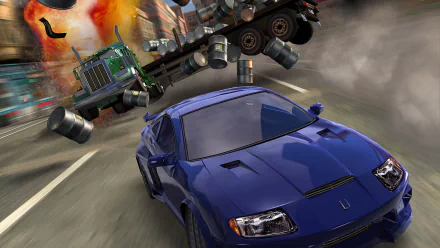 HD PC desktop wallpaper from the video game Burnout 3: Takedown—blue sports car speeds past a crashing tanker as explosions and debris fill the highway.