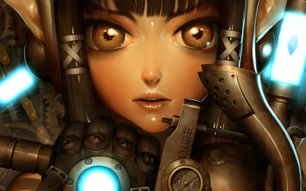 Neo Steam video game HD PC desktop wallpaper: steampunk cyborg girl close-up with glowing amber eyes, brass gears and blue lights.