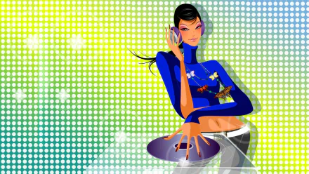 A vibrant HD wallpaper featuring a DJ with headphones, mixing music against a colorful dotted background, capturing the energy of a lively music scene.