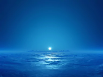 Artistic digital art HD PC desktop wallpaper and background: tranquil blue seascape with a glowing sun at the horizon, soft mist and distant islands.