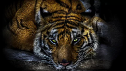 HD desktop wallpaper featuring a close-up view of a tiger with vivid stripes and intense green eyes, set against a dark background.