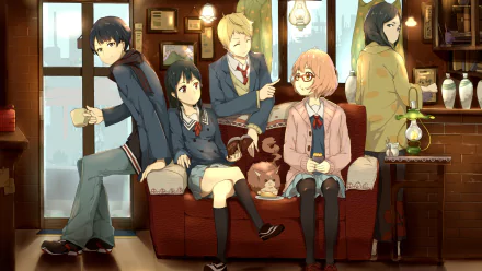 A vibrant HD desktop wallpaper featuring characters Mitsuki Nase, Hiroomi Nase, Mirai Kuriyama, and Akihito Kanbara from the anime Beyond the Boundary, seated and standing in a cozy, warmly lit room.