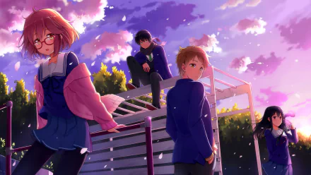 Anime characters Mitsuki Nase, Hiroomi Nase, Mirai Kuriyama, and Akihito Kanbara from Beyond the Boundary are depicted in this HD desktop wallpaper background, set against a vibrant, colorful sky at sunset.