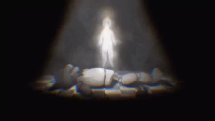 HD desktop wallpaper featuring a haunting scene from the video game Five Nights at Freddy's, showing an ethereal figure illuminated in white, standing over fallen animatronic figures in dim lighting.