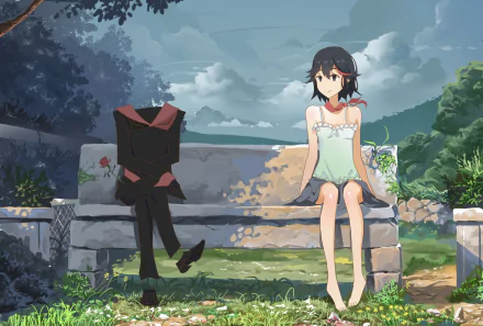 Anime-inspired HD desktop wallpaper featuring Ryūko Matoi with two-toned hair, sitting on a bench alongside a faceless figure, set against a serene, nature-filled backdrop.