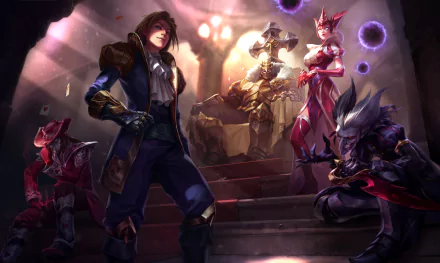 HD wallpaper featuring League of Legends characters Ezreal, Mordekaiser, Shaco, Twisted Fate, and Syndra in a dramatic game scene.