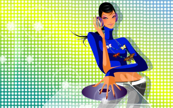 A vibrant HD wallpaper featuring a DJ with headphones, mixing music against a colorful dotted background, capturing the energy of a lively music scene.