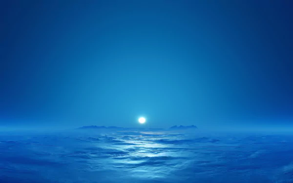 Artistic digital art HD PC desktop wallpaper and background: tranquil blue seascape with a glowing sun at the horizon, soft mist and distant islands.