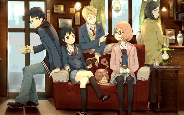 A vibrant HD desktop wallpaper featuring characters Mitsuki Nase, Hiroomi Nase, Mirai Kuriyama, and Akihito Kanbara from the anime Beyond the Boundary, seated and standing in a cozy, warmly lit room.