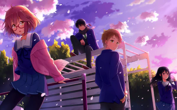 Anime characters Mitsuki Nase, Hiroomi Nase, Mirai Kuriyama, and Akihito Kanbara from Beyond the Boundary are depicted in this HD desktop wallpaper background, set against a vibrant, colorful sky at sunset.