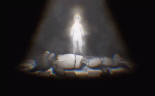 HD desktop wallpaper featuring a haunting scene from the video game Five Nights at Freddy's, showing an ethereal figure illuminated in white, standing over fallen animatronic figures in dim lighting.