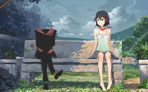 Anime-inspired HD desktop wallpaper featuring Ryūko Matoi with two-toned hair, sitting on a bench alongside a faceless figure, set against a serene, nature-filled backdrop.