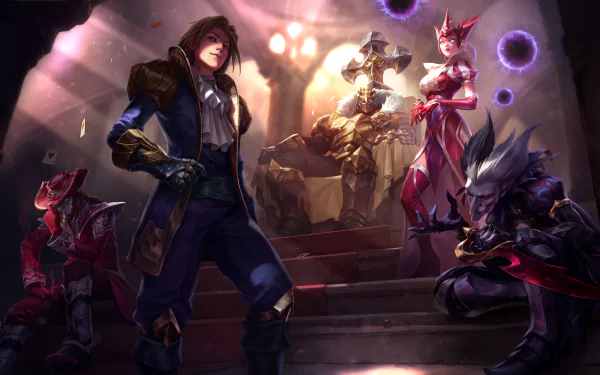HD wallpaper featuring League of Legends characters Ezreal, Mordekaiser, Shaco, Twisted Fate, and Syndra in a dramatic game scene.