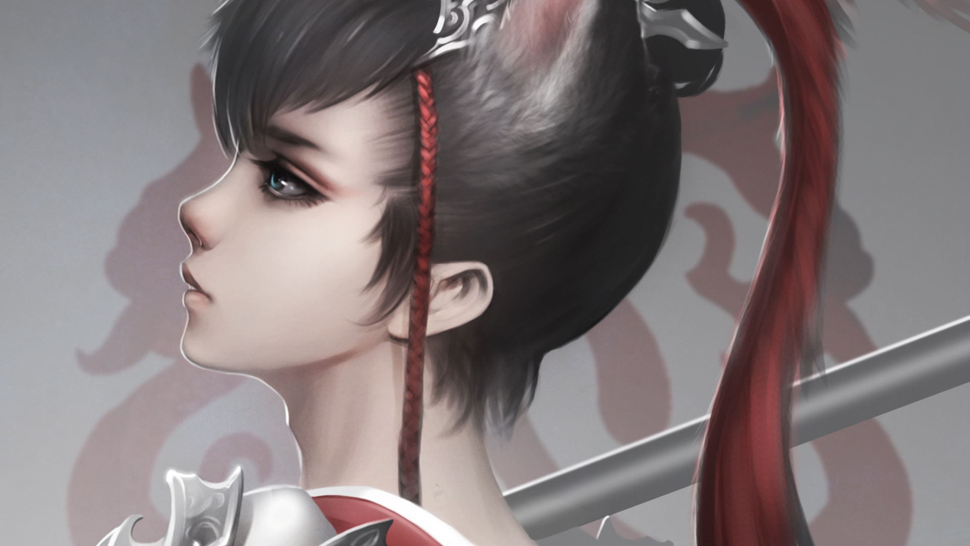 HD fantasy wallpaper featuring a fierce woman warrior with a determined expression, detailed armor, and a red ribbon in her dark hair.