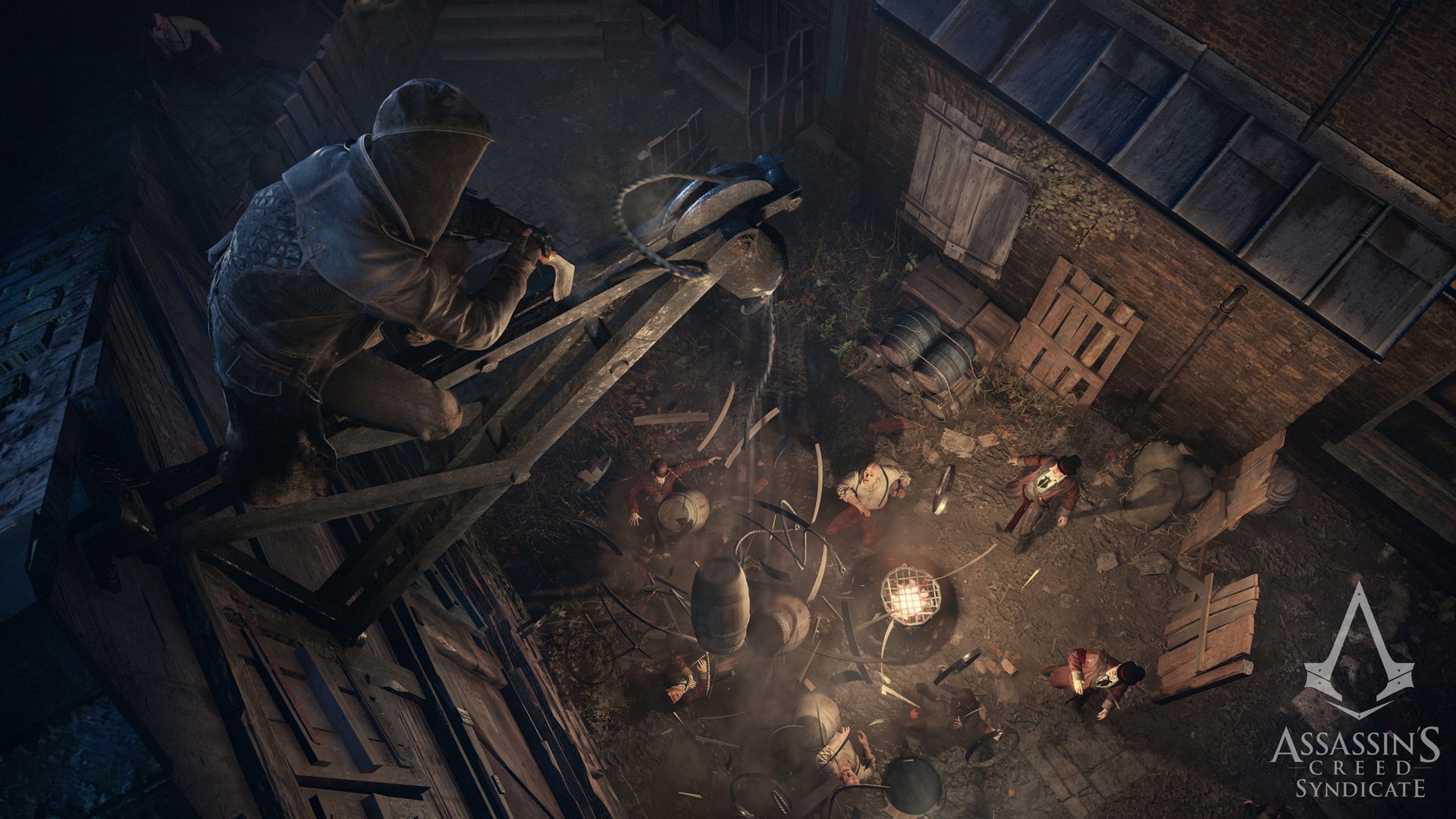 HD PC desktop wallpaper featuring Jacob Frye from the video game Assassin's Creed: Syndicate perched above a dimly lit alley with enemies below.