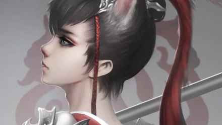 HD fantasy wallpaper featuring a fierce woman warrior with a determined expression, detailed armor, and a red ribbon in her dark hair.