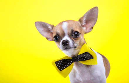 A charming chihuahua wearing a yellow bow tie poses against a bright yellow background, captured in stunning 4K Ultra HD for a vibrant desktop wallpaper.