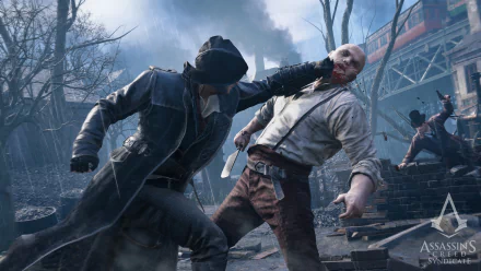 Jacob Frye battles a thug in this dynamic HD wallpaper from Assassin's Creed: Syndicate, showcasing intense action and immersive game visuals.