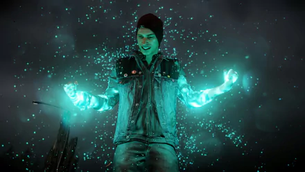 A dynamic scene from inFAMOUS: Second Son shows a character with glowing, ethereal powers, surrounded by vibrant particles against a dark backdrop, capturing the essence of the game.